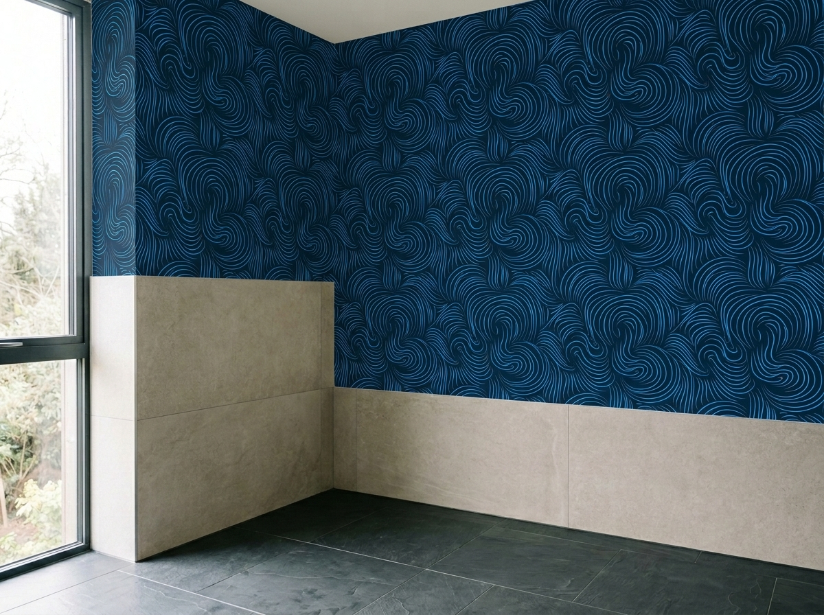 Spa-like bathroom with wave pattern